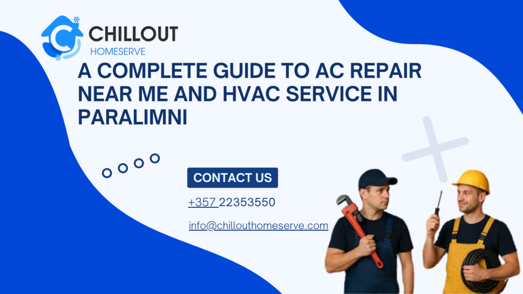 Technician performing AC repair and HVAC service in Paralimni home