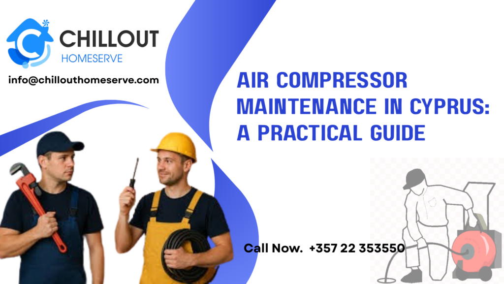 Technician inspecting an air compressor and connected HVAC equipment in Cyprus