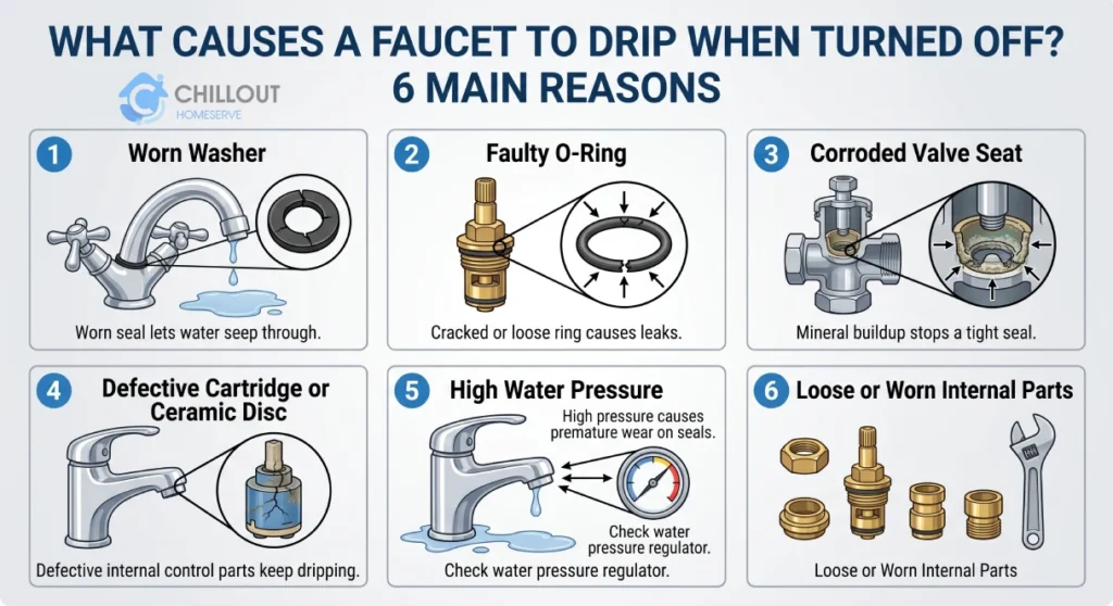 what causue a faucet to drip when turned off?