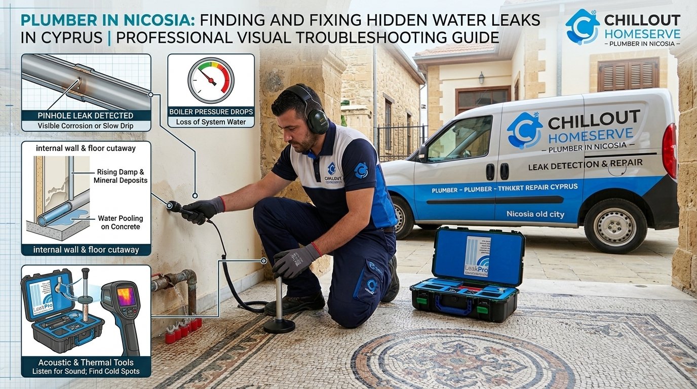 Plumber in Nicosia checking concealed pipework during a leak detection investigation in Cyprus