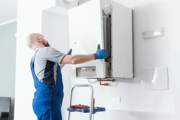 Professional heating technician inspecting a wall-mounted boiler for central heating problems and repairs in Cyprus.